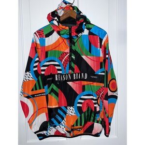 REASON BRAND Mens Multi Color Geometric Print Windbreaker Hoodie Jacket Size S